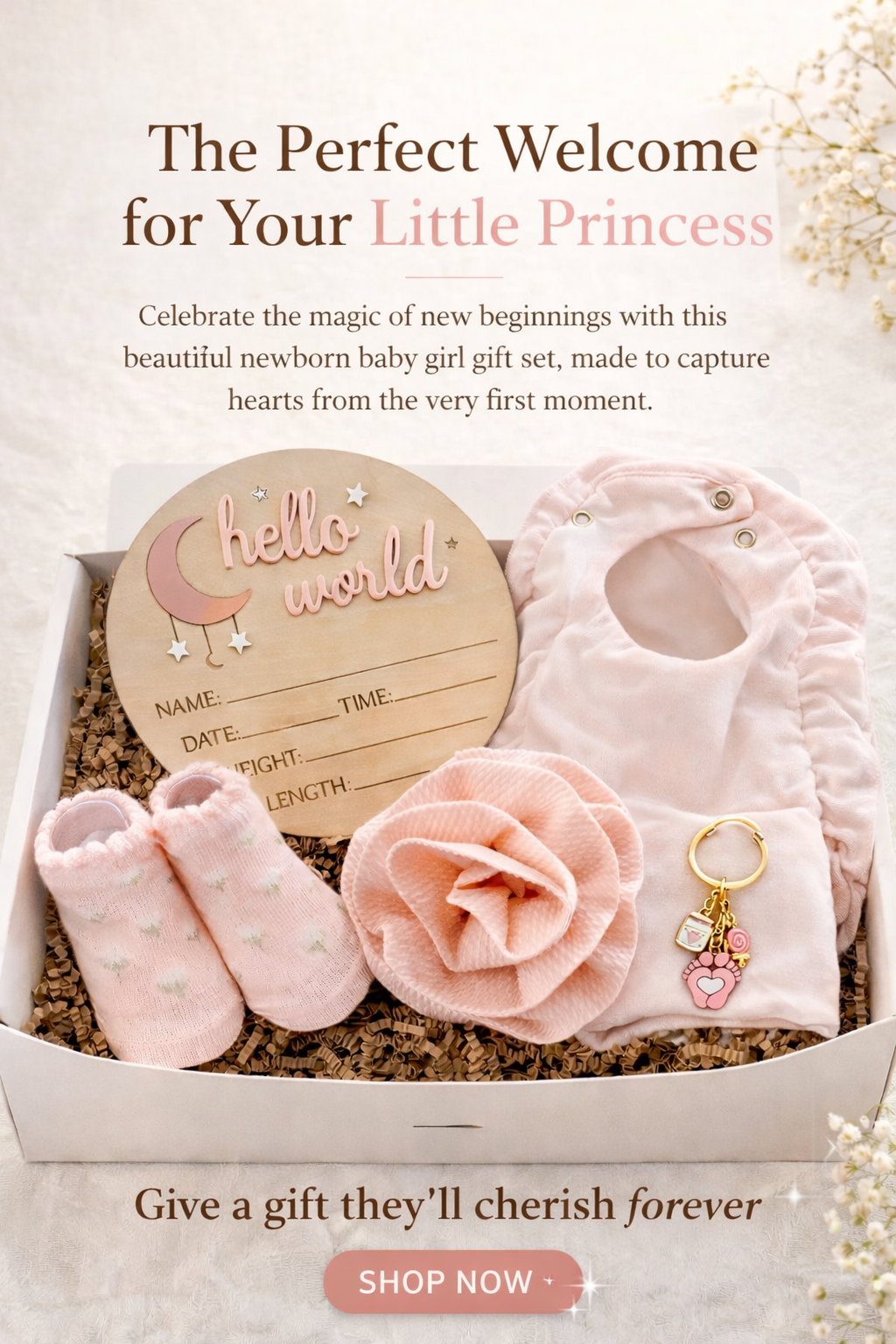 Newborn Baby Girl Gift Set, Baby Shower Gift Box, Hello World Announcement, Newborn Essentials, Baby Girl Keepsake Gift
