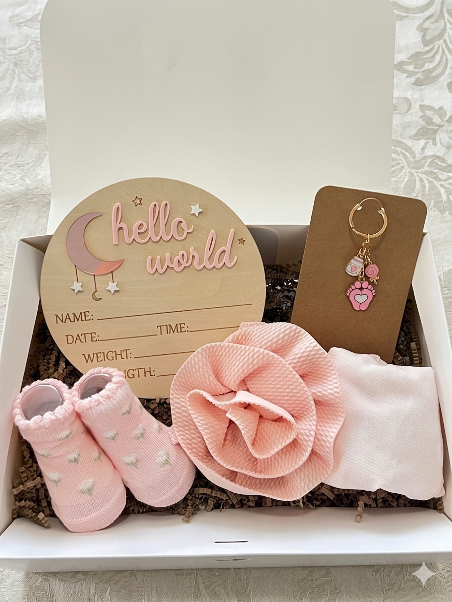 Newborn Baby Girl Gift Set, Baby Shower Gift Box, Hello World Announcement, Newborn Essentials, Baby Girl Keepsake Gift