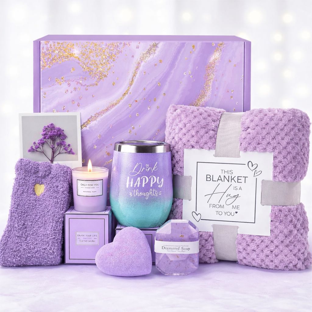 Mother’s Day Gift Box for Mom – Luxury Lavender Spa Set with Blanket, Candle & Tumbler | Relaxing Self Care Gift for Mom, Birthday Gift