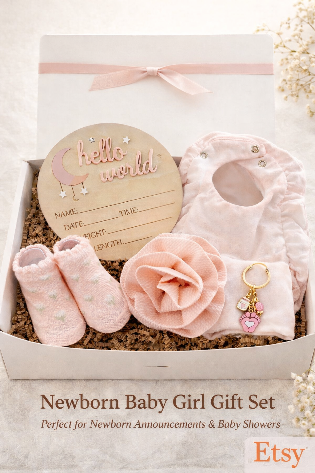 Newborn Baby Girl Gift Set, Baby Shower Gift Box, Hello World Announcement, Newborn Essentials, Baby Girl Keepsake Gift
