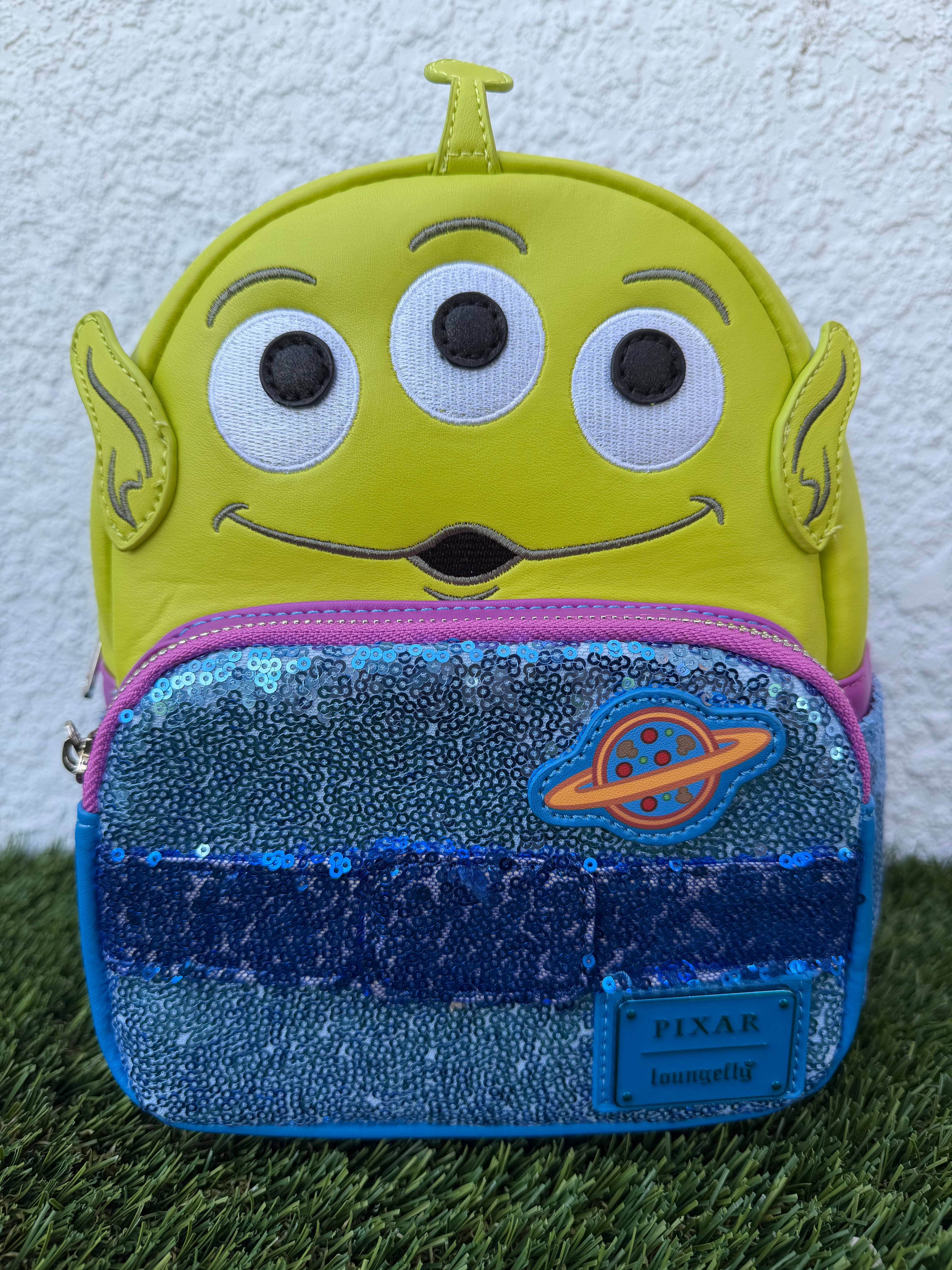 Disney Pixar Alien Loungefly Mini Backpack – Toy Story 3-Eyed Alien Sequin Bag, Cute Kids & Women Backpack