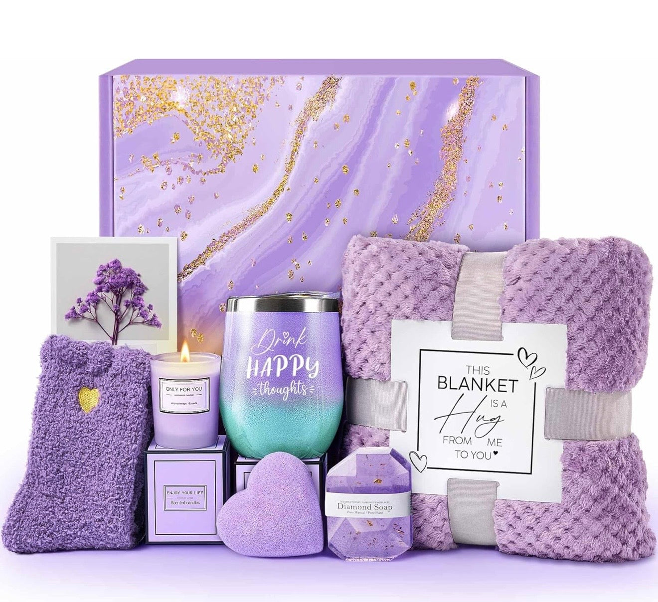 Mother’s Day Gift Box for Mom – Luxury Lavender Spa Set with Blanket, Candle & Tumbler | Relaxing Self Care Gift for Mom, Birthday Gift