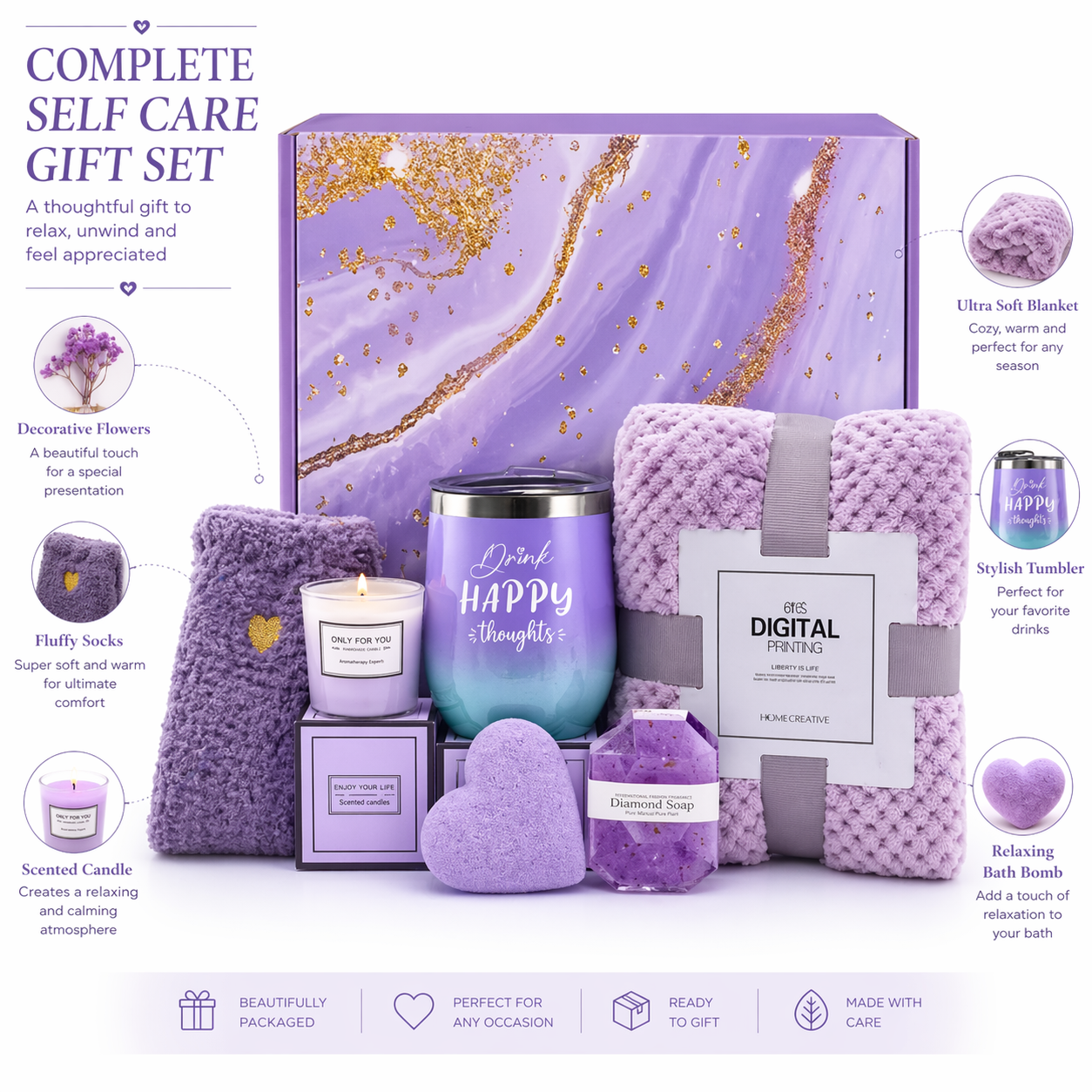 Mother’s Day Gift Box for Mom – Luxury Lavender Spa Set with Blanket, Candle & Tumbler | Relaxing Self Care Gift for Mom, Birthday Gift