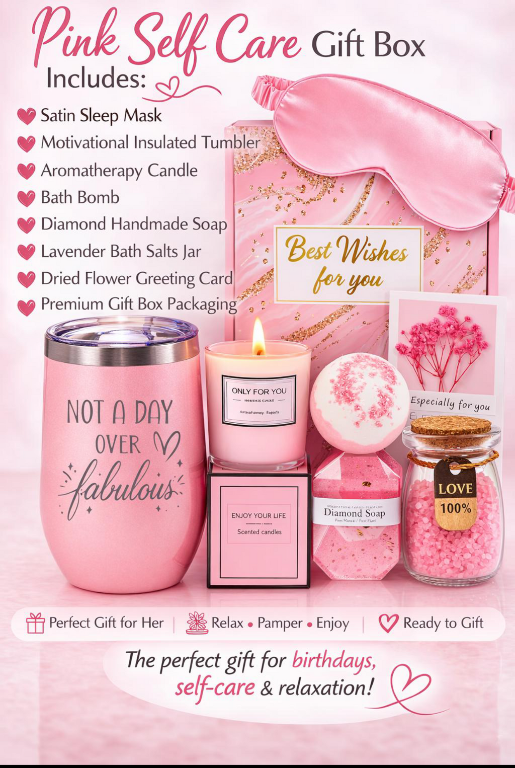 Pink Self Care Gift Box for Women – Spa Gift Set, Birthday Gift for Her, Relaxation Gift, Candle, Bath Bomb
