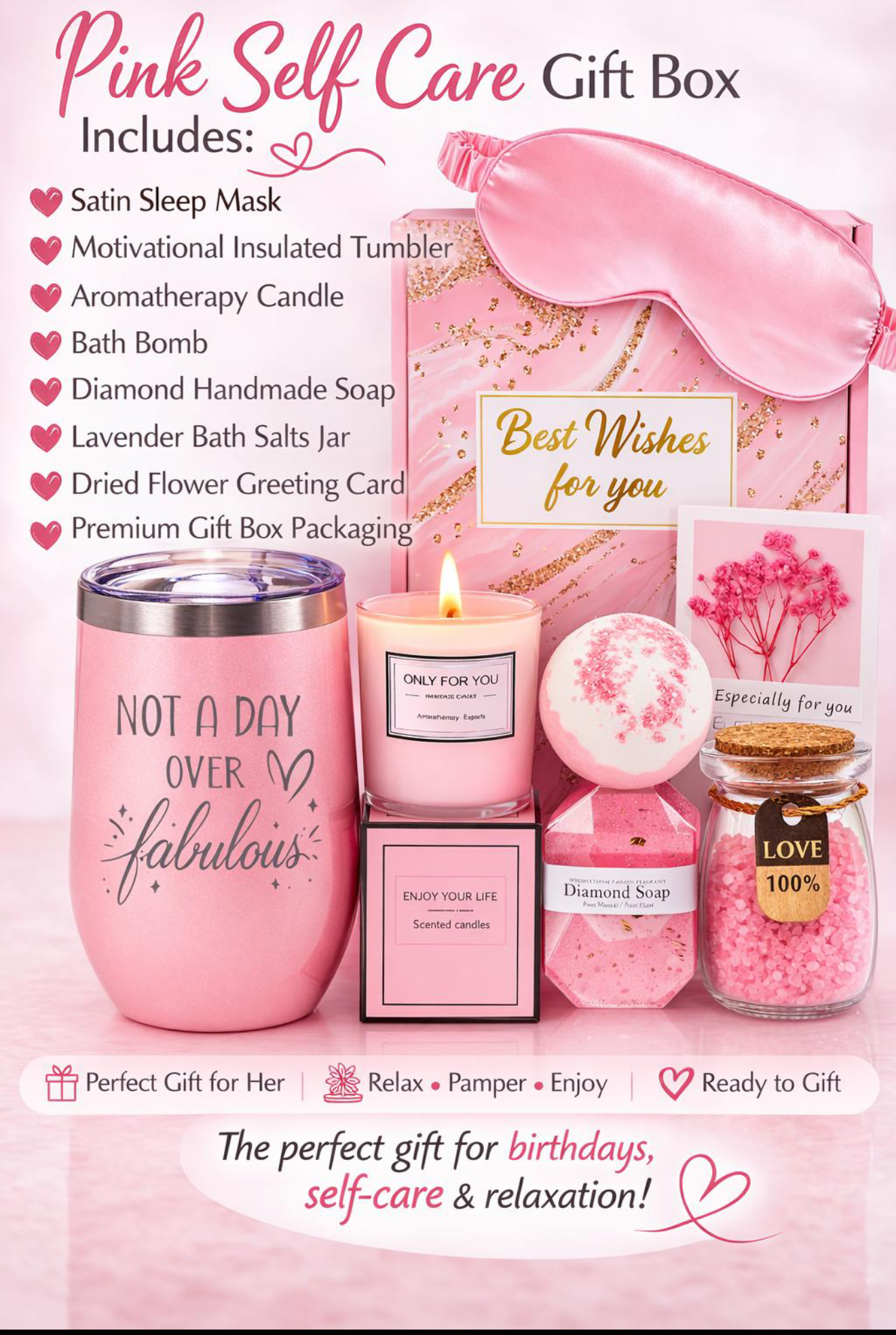 Pink Self Care Gift Box for Women – Spa Gift Set, Birthday Gift for Her, Relaxation Gift, Candle, Bath Bomb