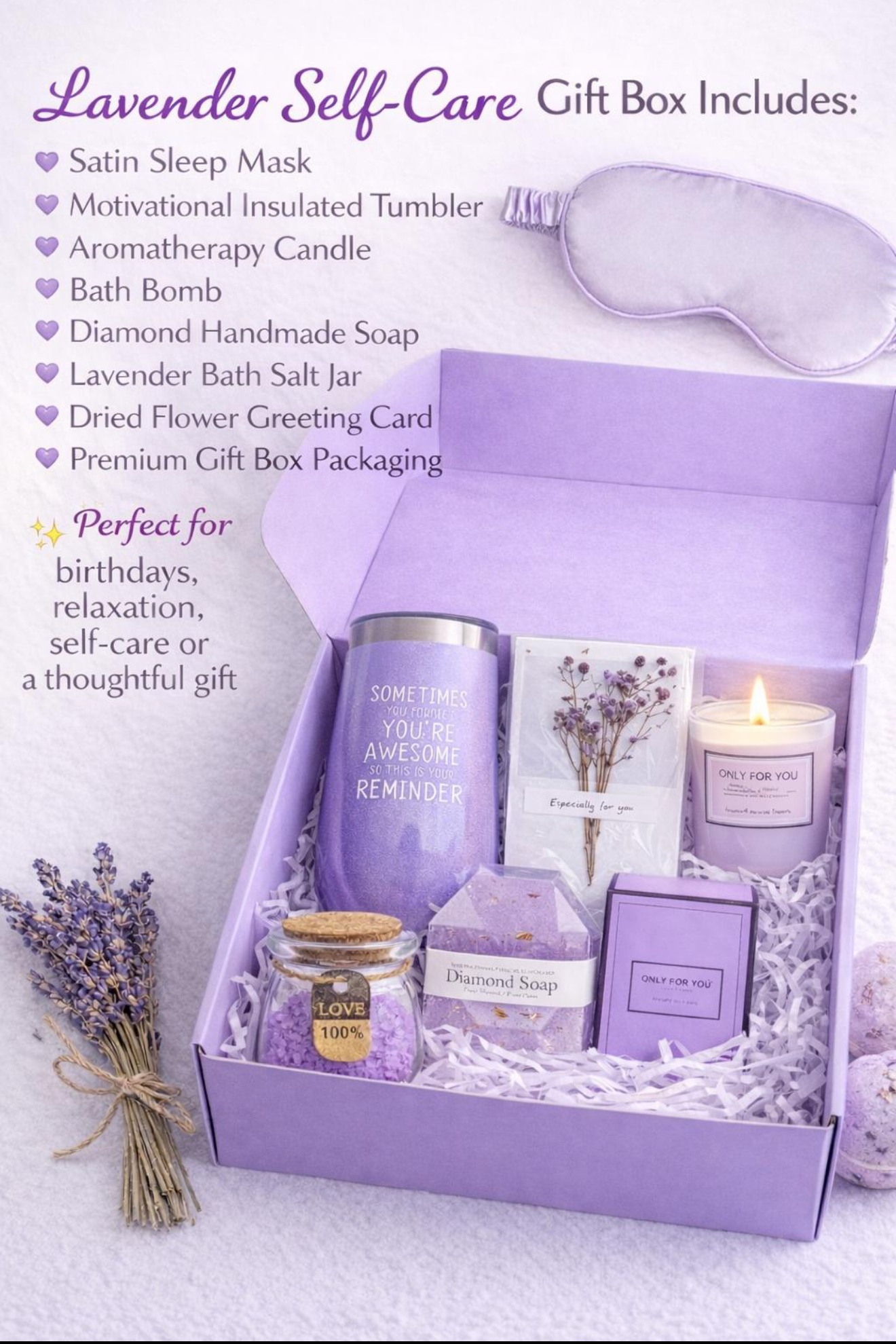 Purple Self Care Gift Box for Women – Luxury Spa Gift Set with Candle, Bath Bomb & Tumbler