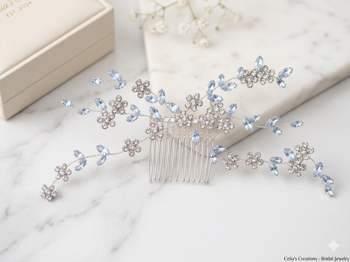 Blue Crystal Bridal Hair Comb – Elegant Wedding Hair Accessory for Bride