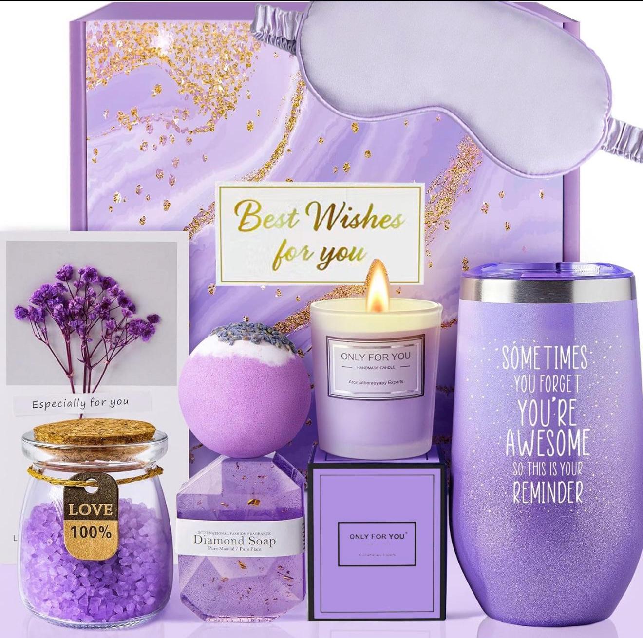 Purple Self Care Gift Box for Women – Luxury Spa Gift Set with Candle, Bath Bomb & Tumbler