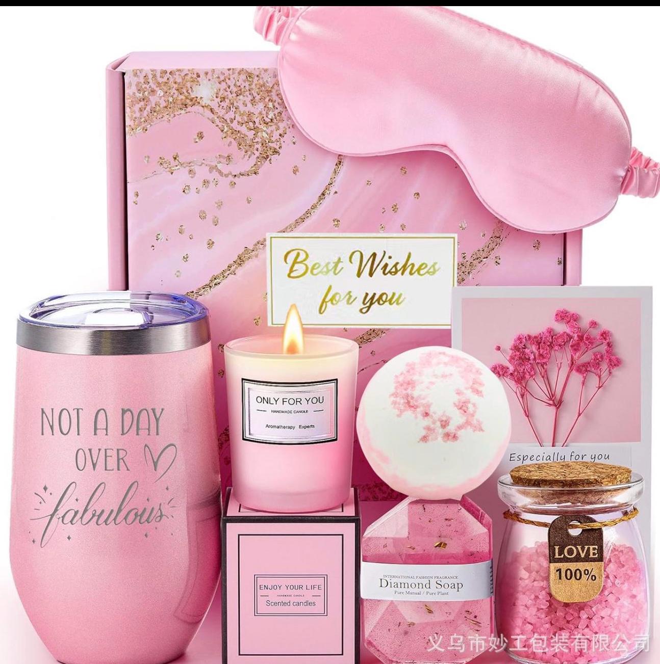 Pink Self Care Gift Box for Women – Spa Gift Set, Birthday Gift for Her, Relaxation Gift, Candle, Bath Bomb